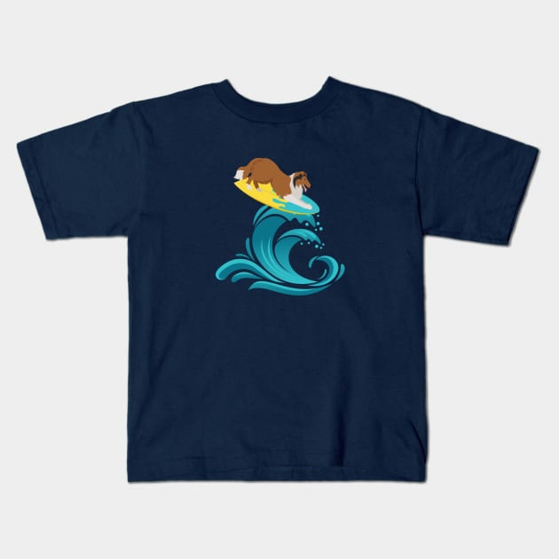 Rough Collie Dog on Surf Board on Summer Sea Wave Kids T-Shirt by Seasonal Dogs